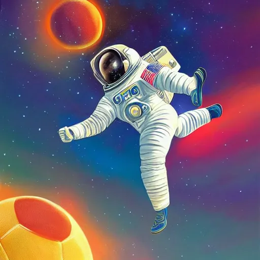 Prompt: a painting of an astronaut playing soccer in a cosmic scenic environment, soccer ball, beautiful, hyperdetailed, comic book style, trending on Artstation