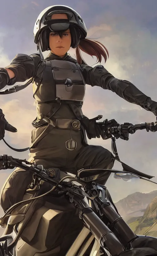 Prompt: panoramic view, a girl riding a motorbike, futuristic, soldier clothing, battlefield in background, anime style, hair down, symmetrical facial features, realistic hands, from arknights, hyper realistic, 4 k, extreme detail, trending artstation, safebooru, realistic lighting, by alphonse mucha, greg rutkowski, sharp focus