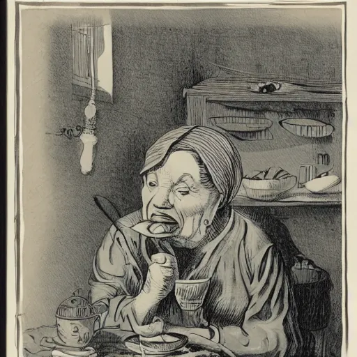 Prompt: an illustration of an old woman literally swallowing a whole goat