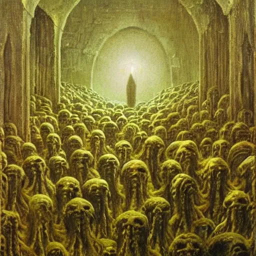 Image similar to crowd of cultists in the ancient temple of cthulhu, oil painting by beksinski and william, lake and rutkovski