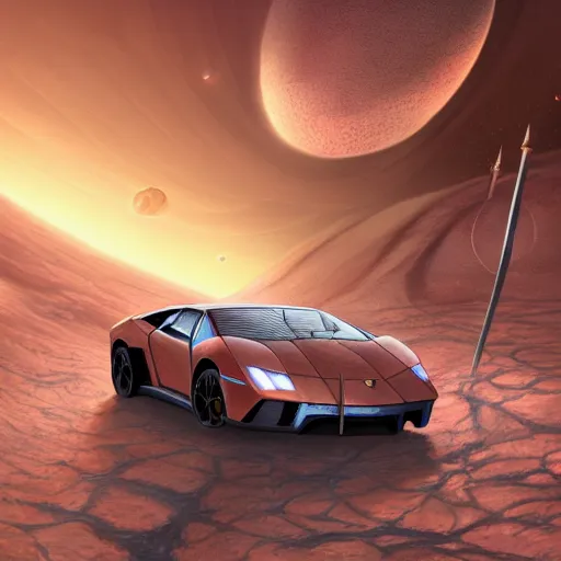 Image similar to harry potter driving a lamborghini in a space station on mars, highly detailed, digital art, trending on artstation