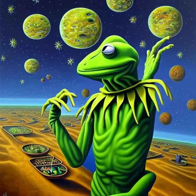 Image similar to an oil on canvas portrait painting of kermit, surrealism, surrealist, cosmic horror, rob gonsalves, high detail