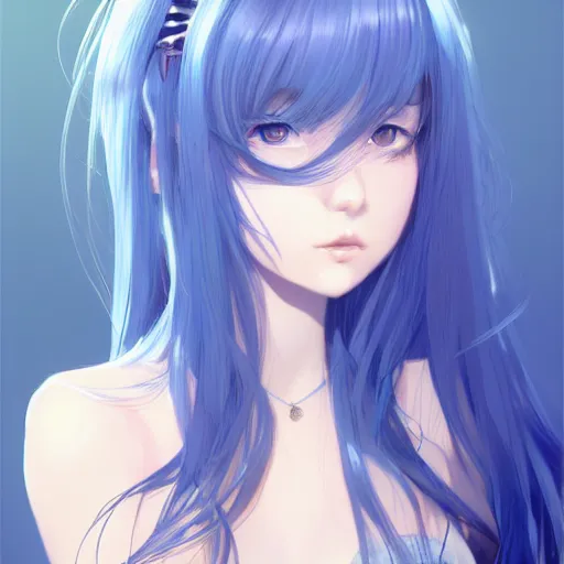 Image similar to full headshot portrait of a girl with long blue hair, drawn by WLOP, by Avetetsuya Studios, attractive character, colored sketch anime manga panel, trending on Artstation