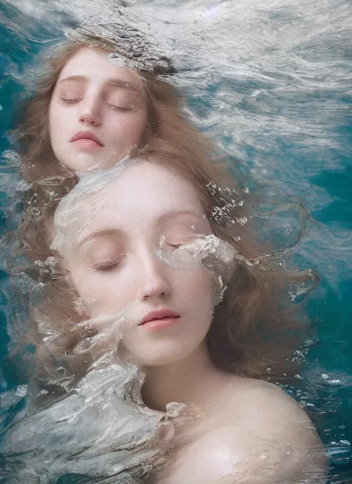 Prompt: Kodak Portra 400, 8K, soft light, volumetric lighting, highly detailed, britt marling style 3/4 , portrait photography of a beautiful woman how pre-Raphaelites by Giovanni Gastel with her eyes closed,inspired by Ophelia Millais Paint , the face emerges from water of Pamukkale, underwater face, the hair are intricate with highly detailed realistic beautiful brunches and flowers like crown, anatomical real full body dressed ethereal lace dress floating in water surface , Realistic, Refined, Highly Detailed, outdoor soft pastel lighting colors scheme, outdoor fine art photography, Hyper realistic, photo realistic