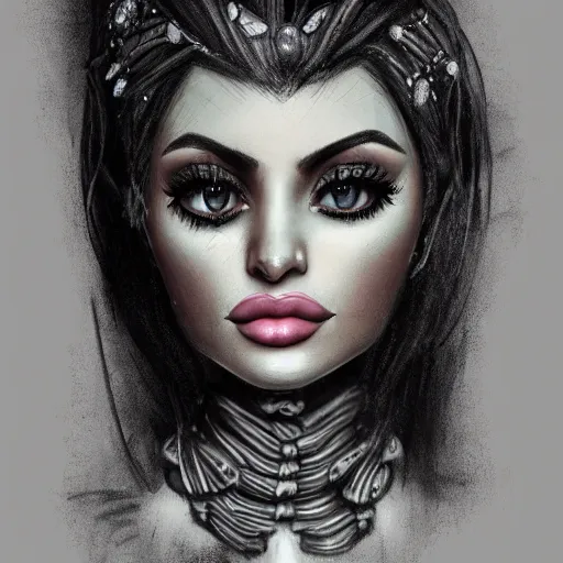 Prompt: michael karcz grunge drawing of kylie jenner. , in the style of corpse bride, loony toons style, horror themed, detailed, elegant, intricate, trending on artstation, 4k