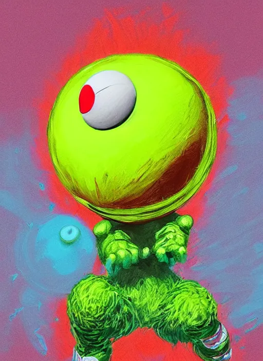 Image similar to tennis ball monsters playing tennis, a tennis ball monster, tennis ball, colorful, digital art, fantasy, magic, trending on artstation, ultra detailed, professional illustration, chalk, poster artwork by basil gogos, clean