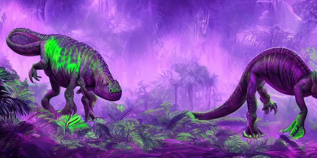 Image similar to spectral purple neon dinosaur, green jungle background, detailed, ultrawide landscape, concept art