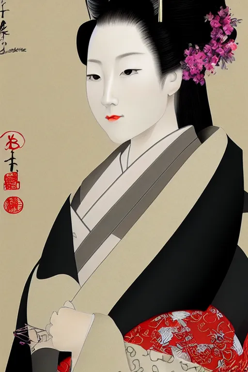 Image similar to beauty geisha, japanese digital art, 8k, character, realistic, portrait, photorealism, japanese watercolour
