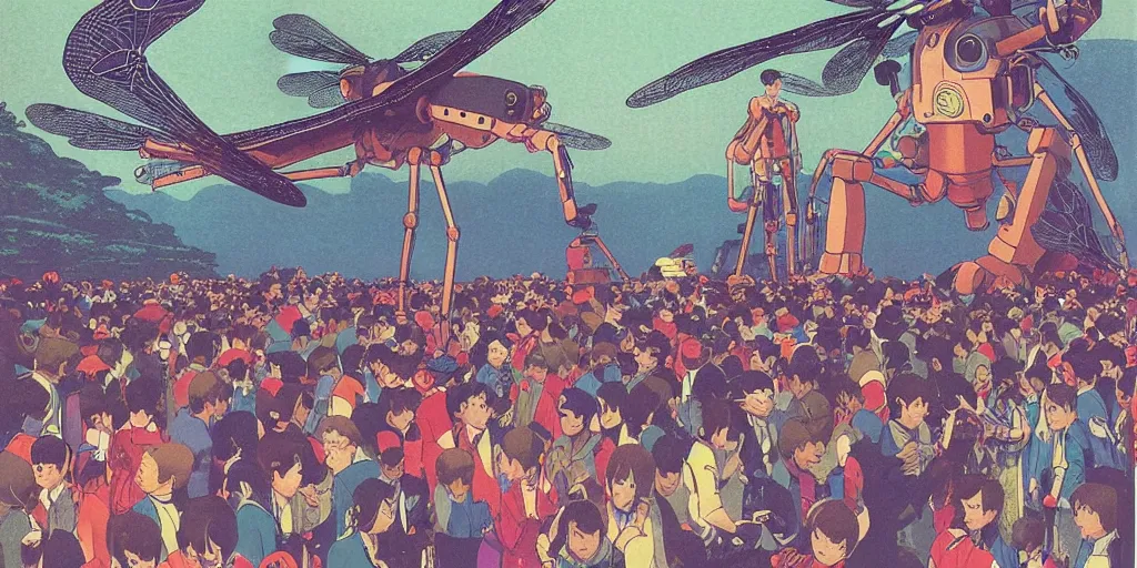 Image similar to gigantic dragonflies with human faces catch tiny robots, a lot of exotic mechas robots around, human heads everywhere, risograph by kawase hasui, edward hopper, satoshi kon and moebius, no text!, colorful flat surreal design, super - detailed, a lot of tiny details, fullshot