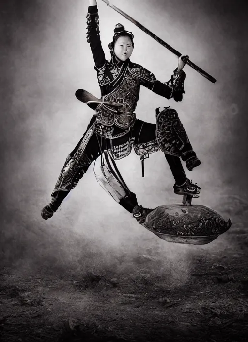 Prompt: old vintage photo of Chinese ancient warrior female team on the complex steam punk hooverboard, extreme sports photography , dynamic photography,clean symmetrical faces, high speed,dirt and grawel flying in the spot, lens flares, dust in the air, dramatic lighting, intricate, highly detailed, centered, smooth, sharp focus, sports photography, old photo, black and white, sepia, cinematic lighting, cinematic angle, national geographic