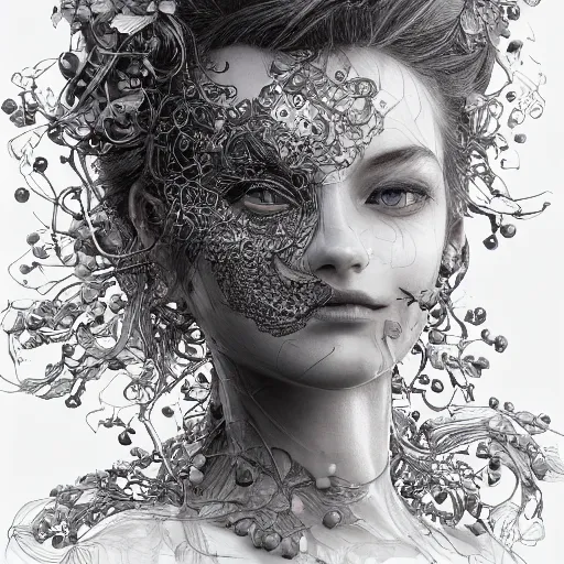 Image similar to the face of an absurdly beautiful, graceful, elegant, sophisticated woman made of blueberries and blackberries, an ultrafine hyperdetailed illustration by kim jung gi, irakli nadar, intricate linework, bright colors, octopath traveler, final fantasy, unreal engine 5 highly rendered, global illumination, radiant light, detailed and intricate environment