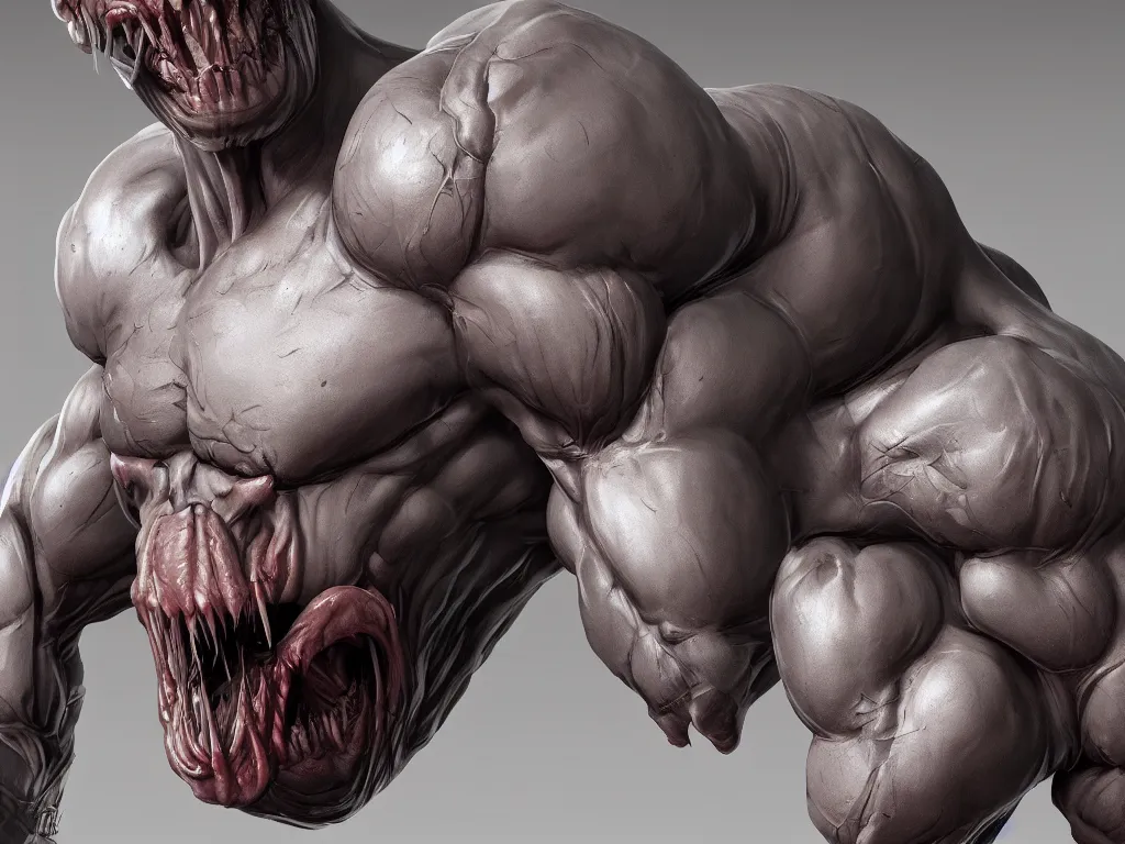 Image similar to doom, muscular body, chiroptera head, chiroptera ears, big sharp teeth, hyperrealism, artstation, cgsociety, zbrush, no background