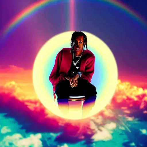 Prompt: Travis Scott sitting on a chair floating over Earth, 4k, Aubrey Powell, vintage photo, lens flare, beautiful cinematography, rainbow surreal, film grain