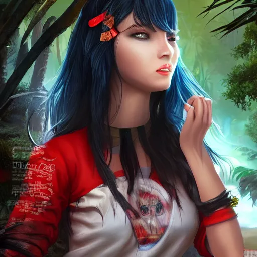 Prompt: kena bridge of spirits, 3 d character zbrush, hispanic girl using tight white and red raglan sleeves, tight blue jeans and cool shoes, silky long black hair with bangs in a tropical forest, artstation