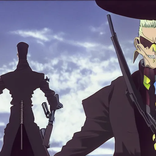 Image similar to a shot of a grim reaper as gunsliger man in trigun anime, movie shot, anime, hightly detailed, rescalated 4 k, detailed