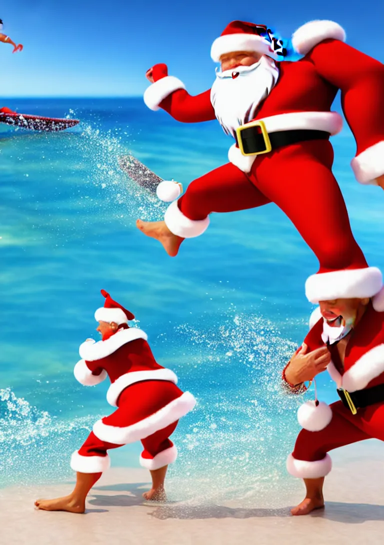 Image similar to santa claus wearing swim suit surfing on the beach, 3d rendering of photo realistic image, super detailed, 4K,cinematic look