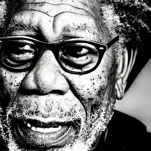 Image similar to a cinematic film still of Morgan Freeman dressed as a punk rocker, portrait, 40mm lens, shallow depth of field, close up, split lighting, cinematic