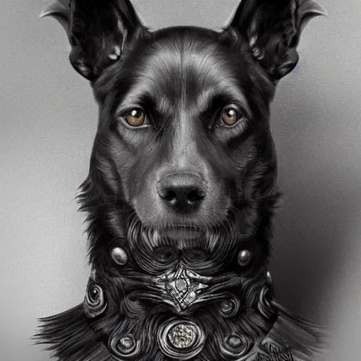 Image similar to a photograpic portrait of a anthropomorphic dog people wearing black clothes, black hair, grey skin, grey ears, fantasy, intricate, elegant, highly detailed, digital painting, artstation, smooth, sharp focus, illustration, art by artgerm and H R Giger and alphonse mucha