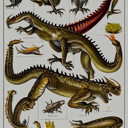 Image similar to an illustrated field guide to european dragons showing examples of males and females of each spicies, biological illustrations, art by john james audubon robert stebbins and terryl whitlatch and david sibley and charles darwin, highly detailed, intricately detailed, 8 k, trending on artstation