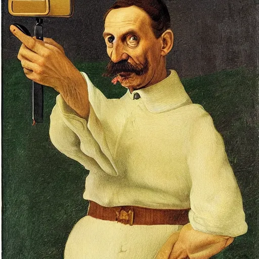 Image similar to Luigi doing selfie, artwork by Franz Sedlacek,