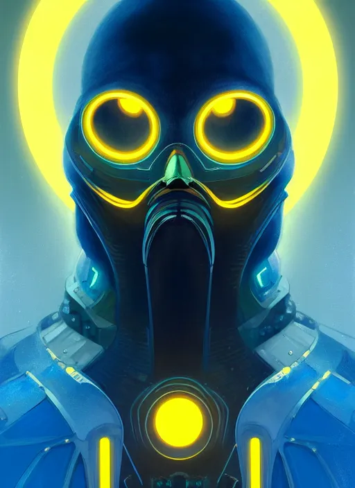 Image similar to symmetry!! portrait of penguin, sci - fi, tech wear, blue and yellow glowing lights!! intricate, elegant, highly detailed, digital painting, artstation, concept art, smooth, sharp focus, illustration, art by artgerm and greg rutkowski and alphonse mucha