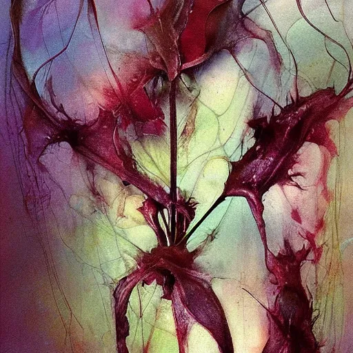 Image similar to bleak by peter andrew jones pearlescent. the mixed mediart is a beautiful & haunting work of art of a series of images that capture the delicate beauty of a flower in the process of decaying. the colors are muted & the overall effect is one of great sadness.