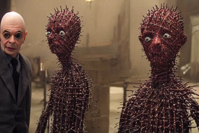 Image similar to VFX movie where Mr. Bean plays Pinhead from Hellraiser production photo