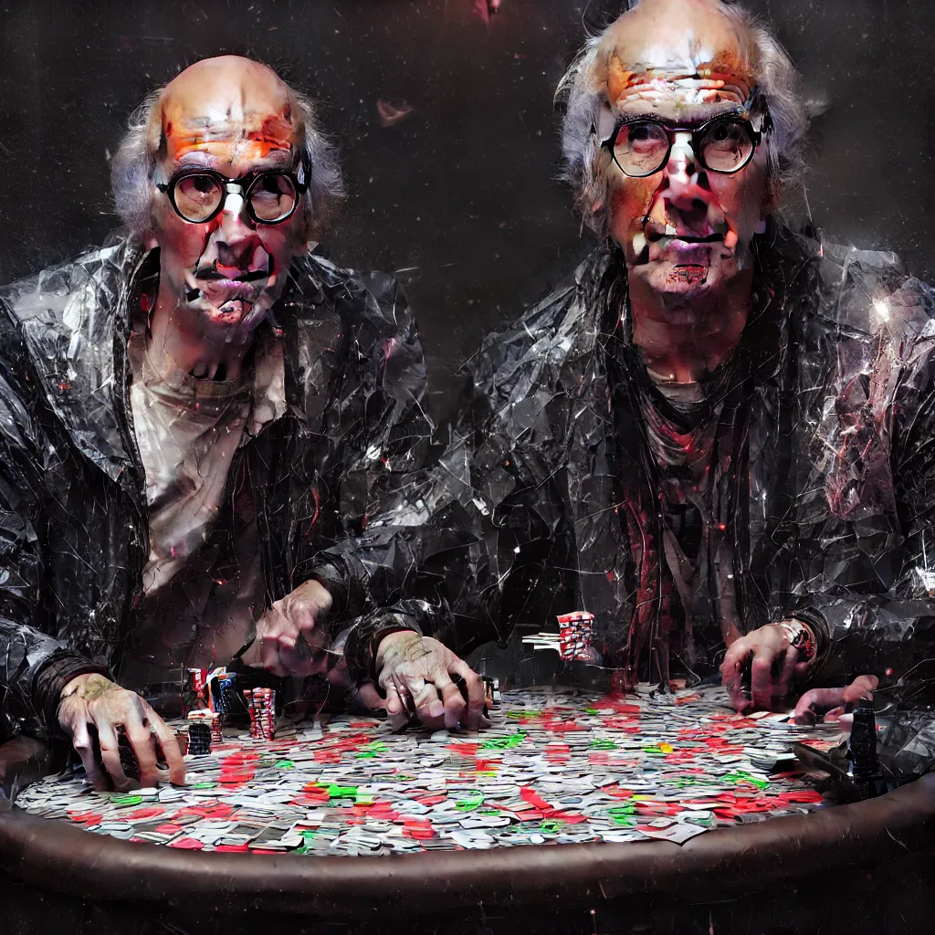 Image similar to detailed portrait larry david playing poker, cyberpunk futuristic neon, reflective puffy coat, decorated with traditional Japanese ornaments by Ismail inceoglu dragan bibin hans thoma greg rutkowski Alexandros Pyromallis Nekro Rene Maritte Illustrated, Perfect face, fine details, realistic shaded, fine-face, pretty face