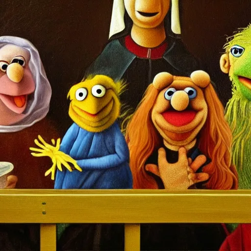 Prompt: painting of muppets at church, in the style of hieronymus bosch and johannes vermeer