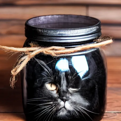 Prompt: am award winning photo of a cute black catsleeping inside of a jar