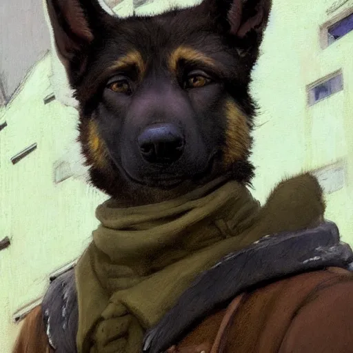 Image similar to new york city portrait of furry anthro anthropomorphic german shepard head animal person fursona wearing clothes police uniform in the alley, sunny day, digital art by Nerdrum John, William Waterhouse, Winslow Homer, Alex Heywood, Jordan Grimmer, Darren Quach, Greg Rutkowski, Simon Stalenhag, trending on Artstation, CGSociety