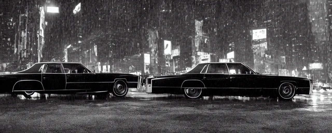 Prompt: A mysterious figure sitting in a black 1970's Cadillac DeVille with the headlights on, smoking a cigarette, parked on the side of the road in the city of New York while it is raining, by Stephen King, dark and dim, moody, sinister, cinematic lighting, 8k render, hyperrealistic