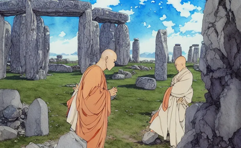 Prompt: a hyperrealist anime watercolor fantasy concept art of a giant monk with a big forehead and a grey robe swaying in stonehenge. in the background several immense stones are floating in the air. by rebecca guay, michael kaluta, charles vess