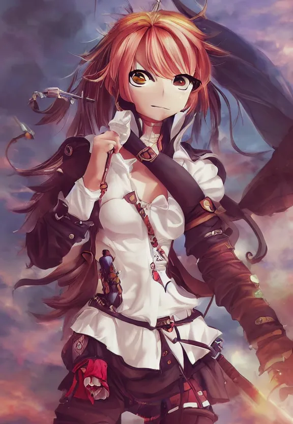 Prompt: extreme wide angle portrait of a female pirate, a cute uniform, somewhat of an anime in fantasy style, trending artwork, made with anime painter studio, by anato finstark, tony sart and an anime artist, collaboration