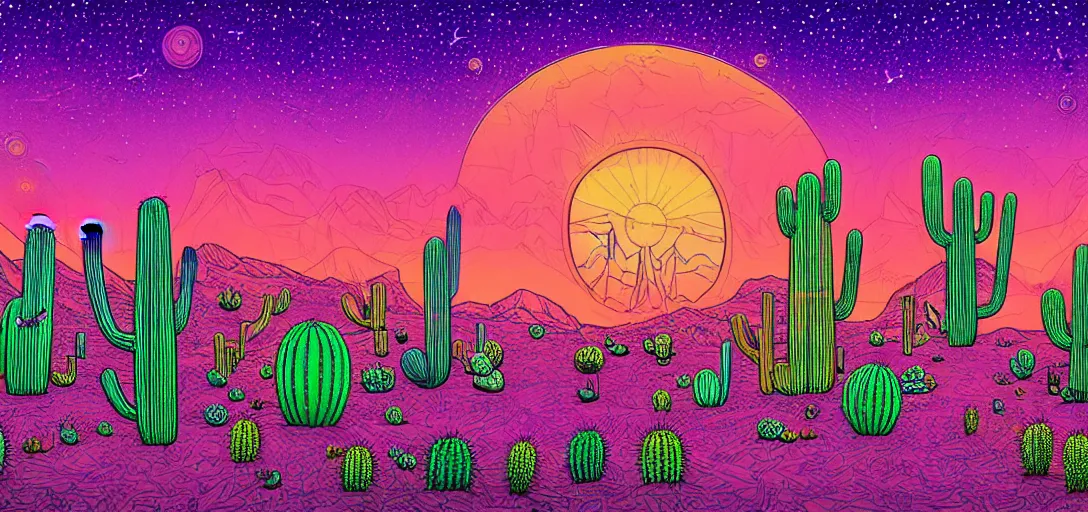 Prompt: A hand drawn digital still of mystical desert with strange ethereal creatures and cactus with a psychedelic night sky in the style of Alex Grey and Moebius, risograph, Artstation HD, 8k, Surrealistic digital artwork,