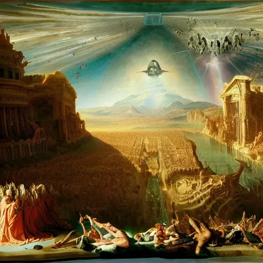 Image similar to alien invasion, epic, magnificent, the last judgement, insanely detailed and intricate, 8 k, fall of the roman empire by thomas cole