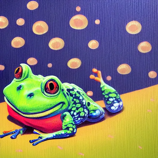 Image similar to a painting of a happy frog under the rain wearing a rainy coat by kazuo oga