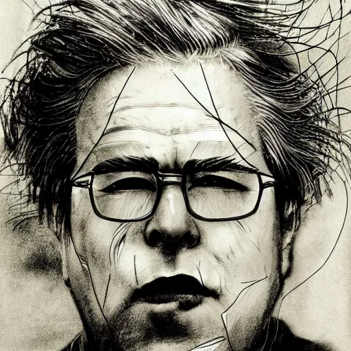 Image similar to Yoshitaka Amano realistic illustration of jeb bush ,hair fluttering in the wind, cracks on his face wearing Elden ring armour with engraving, abstract black and white patterns on the background, noisy film grain effect, highly detailed, Renaissance oil painting, weird portrait angle, blurred lost edges, three quarter view