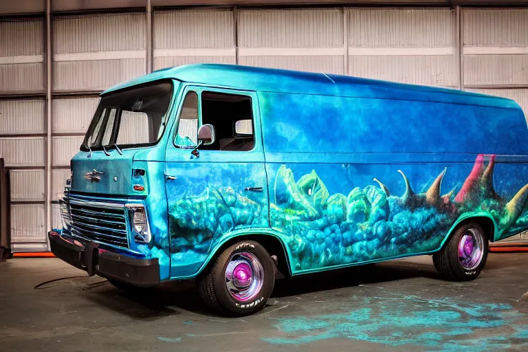 Image similar to a super wide shot photo of a dark blue metallic 1 9 7 2 chevy g 1 0 panel van parked in a garage with an awesome airbrushed scene of a monster made of colorful coral reef emerging from the sea, 8 0 s synthwave, airbrushed, trapper keeper, lightning, explosions, creature design, monster, dinosaur, sony 1 4 mm f 8. 0