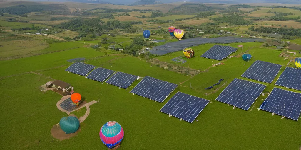 Prompt: ecovillage, hot air balloon, solarpanel, solarpunk, flying cow