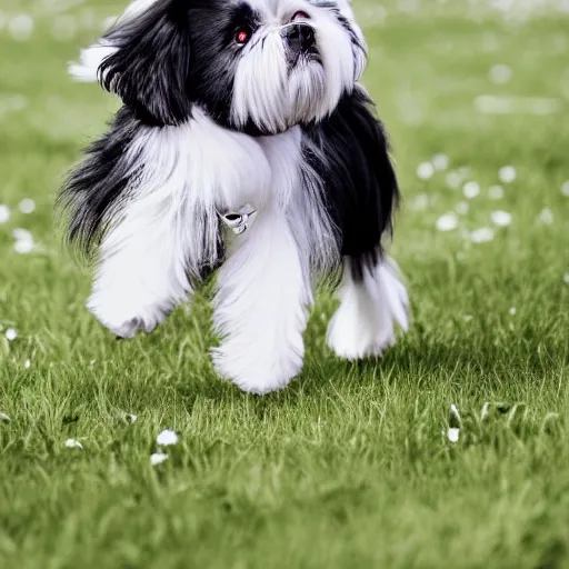 Prompt: a pack of black and white shih tzus play in a field, lots of light 8k photo