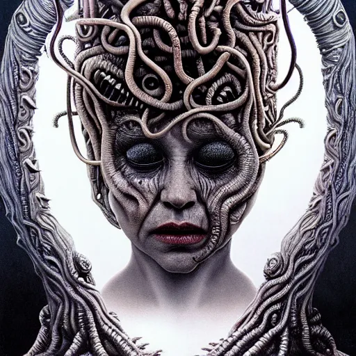 Prompt: alien sad medusa, face of emilia clarke, crying blood, tubular creature, blood vesels, no face, dystopian surrealism, art style alex ries giger, zdzisław beksinski, symmetry accurate features, very intricate details, high resolution, 4 k, intricate, sharp