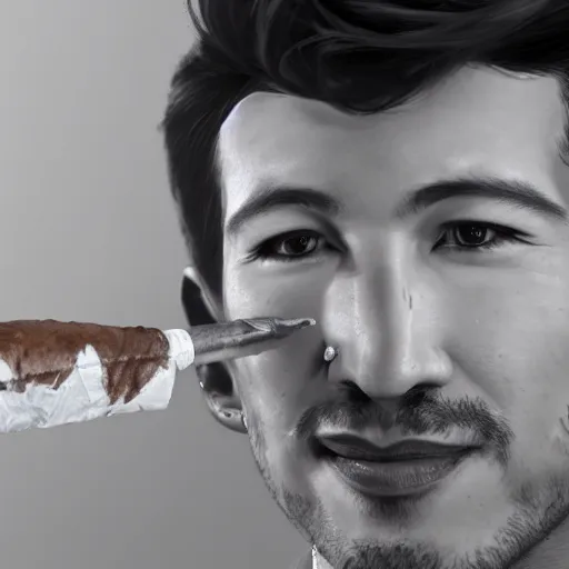 Image similar to a closeup photo of handsome gigachad markiplier smoking a cigar, 8k photorealism, extremly detailed, trending on artstation