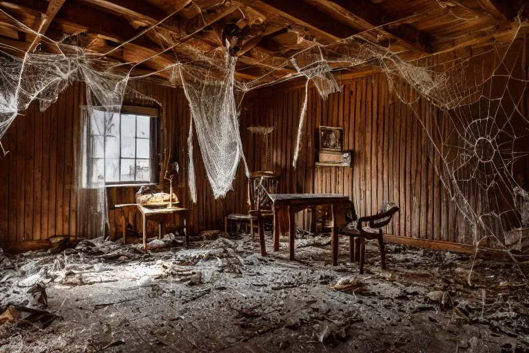 Image similar to a film production still, 2 8 mm, wide shot of a cabin interior, wooden furniture, cobwebs, spiderwebs, dynamic volumetric lighting, abandoned, depth of field, cinematic