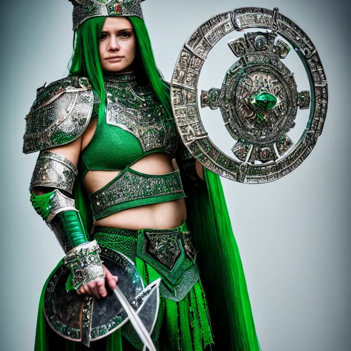 Prompt: full length photo of a beautiful strong warrior queen wearing emerald encrusted armour, highly detailed, 4 k, hdr, smooth, sharp focus, high resolution, award - winning photo