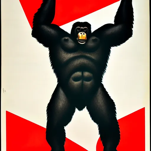 Image similar to communist propaganda poster of a gorilla, 4 k, hyper realistic, dslr, high resolution, landscape, beautiful