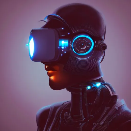 Image similar to retro vintage sci - fi, cyborg robot wearing vr headset, 3 d illutration, profile portrait, night, detailed, cyberpunk style, character, ai, detailed,