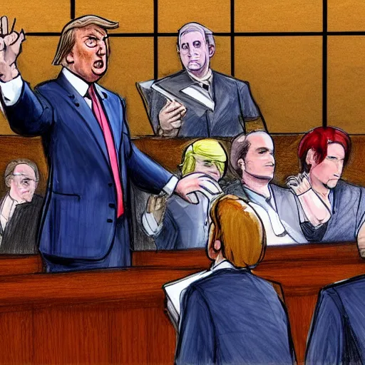 Prompt: saul goodman defending former president donald trump in court to a jury of mario party characters, courtroom drawing, sketch