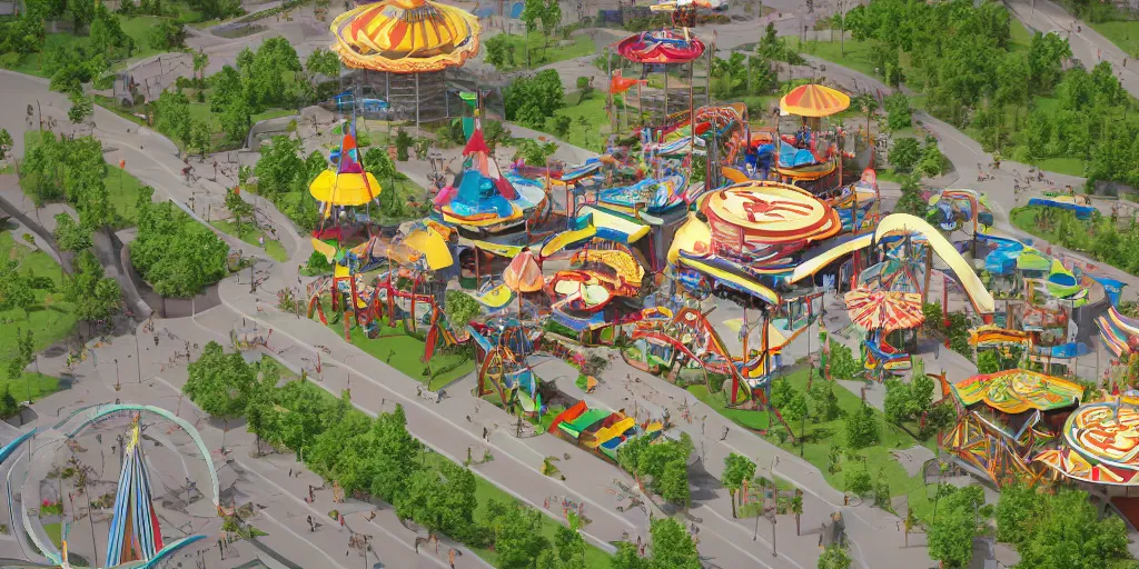 Prompt: isometric 3 d rendering of a 6 flags theme park, art deco, octane render, trending on artstation, cgsociety