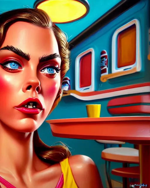 Image similar to closeup profile face profile portrait of a tin toy cara delevigne as a waitress in a diner, bikini, hyper realistic, artstation, illustration, concept art by dan decarlo, digital paint, matte paint, vivid colors, bright, cheerful, detailed and intricate environment